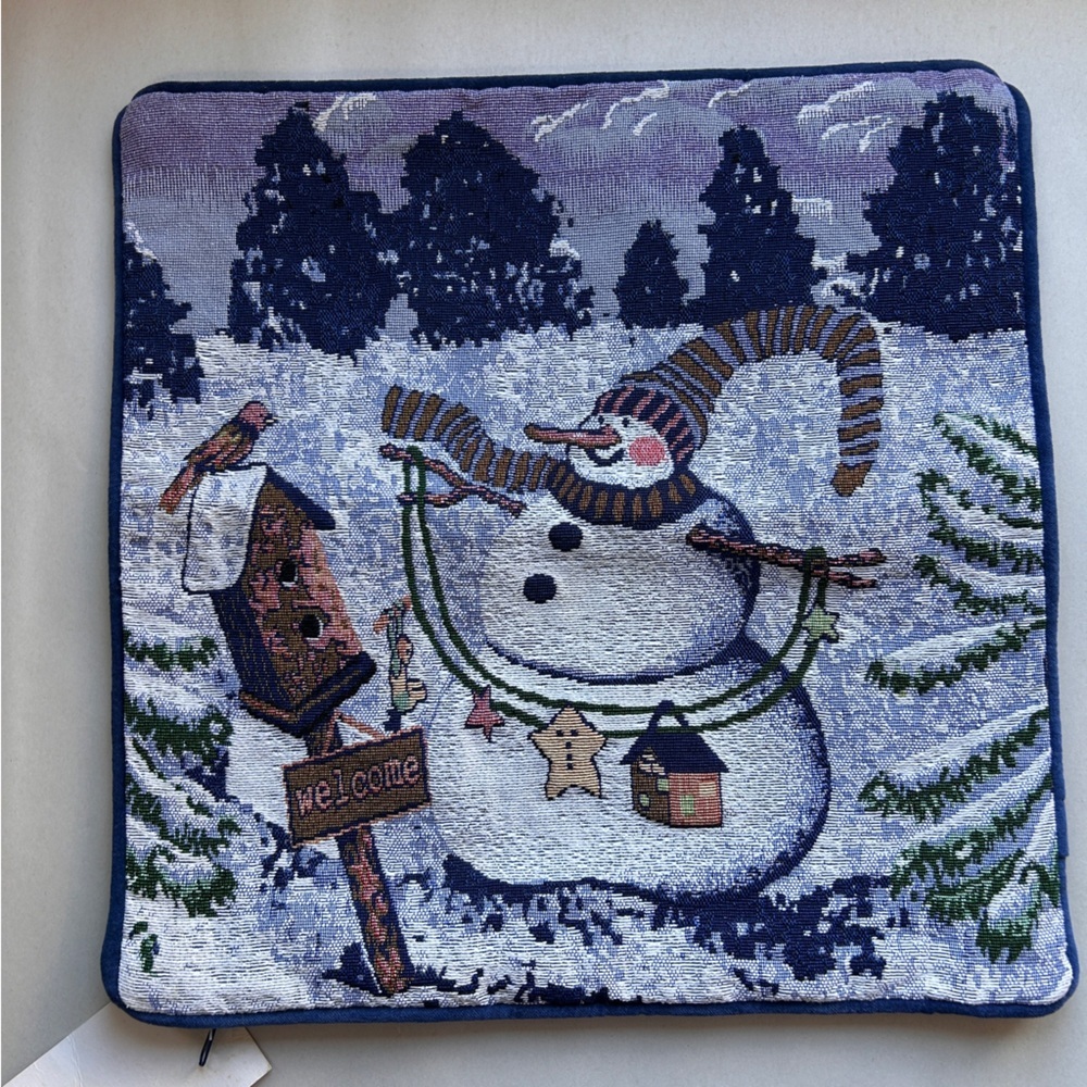 Snowman Welcome Winter 16x16 Tapestry Throw Pillow Cover Cottagecore primative